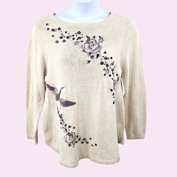 STYLE & CO LONG SLEEVE BEIGE SWEATER W/ EMBROIDERED CRANE BIRD FLORAL DESIGN XL - Picture 1 of 5